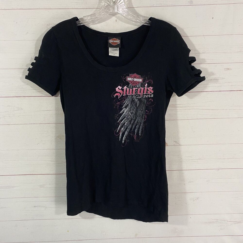 Harley Davidson Womens Sturgis 2013 Rally Short Sleeve Tee Sz M Black Cutout Slv